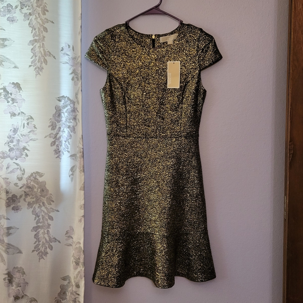 Women's Michael Kors Foil Knit Cap Sleeve Dress, Size X-Small Black/Gold